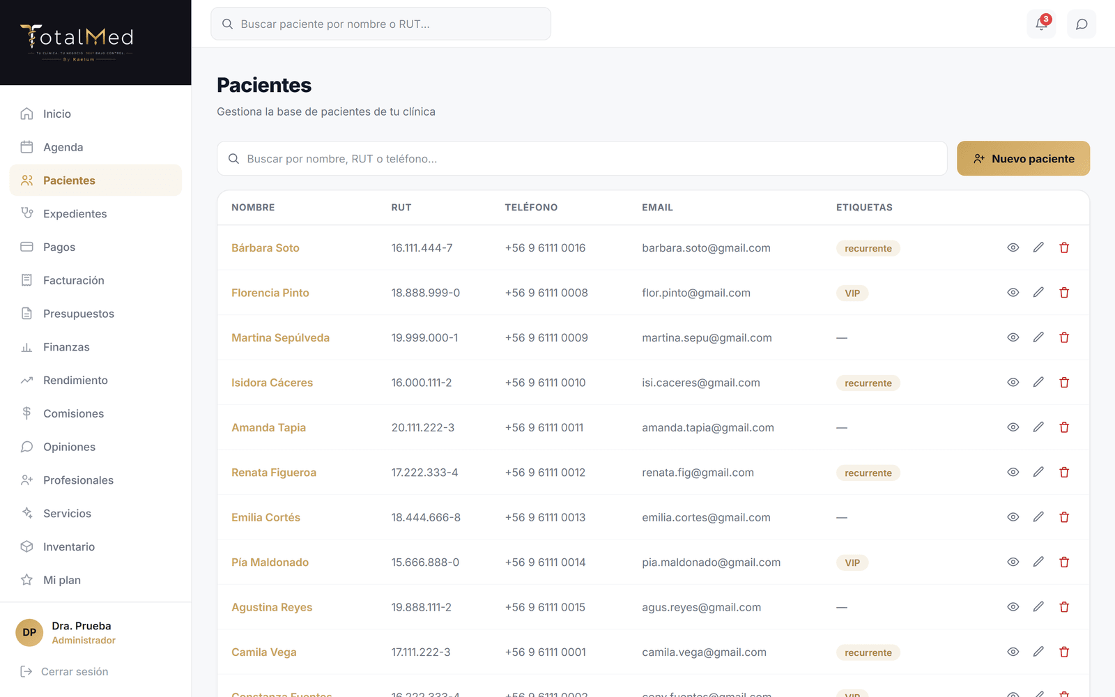 Lista de pacientes en TotalMed con su última visita a la vista